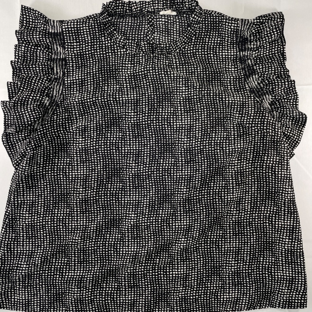 Jodiful Black White Polka Dot Ruffle Sleeve Blouse 2X Mock Neck Boutique Top